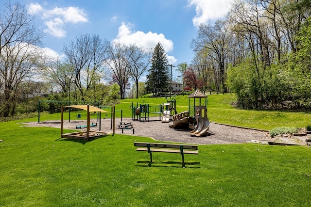 view of community with a yard and view of scattered trees