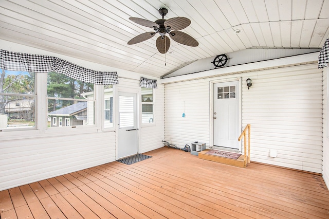 347 Lou Alice Dr, Columbiaville, MI 48421 - unfurnished sunroom featuring vaulted ceiling, a ceiling fan, and plenty of natural light