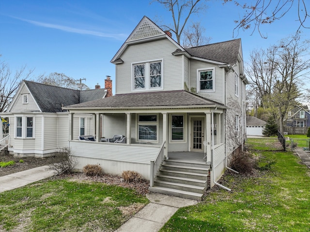 475 Saint Clair St, Grosse Pointe, MI 48230 - traditional home with a porch, a front lawn, a shingled roof, and a chimney