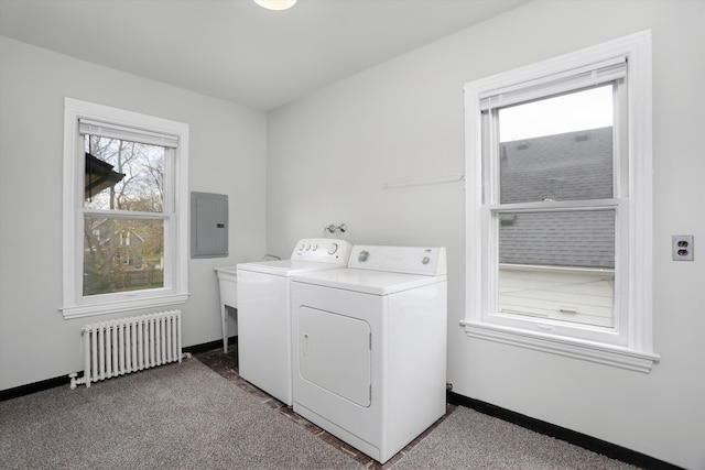 475 Saint Clair St, Grosse Pointe, MI 48230 - clothes washing area with radiator, washer and dryer, electric panel, and baseboards