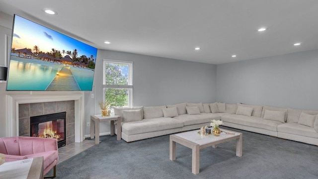 56501 Winding Creek Dr, Macomb, MI 48042 - living area featuring recessed lighting, a tile fireplace, and carpet flooring