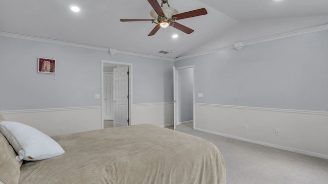 56501 Winding Creek Dr, Macomb, MI 48042 - bedroom featuring vaulted ceiling, carpet floors, ornamental molding, recessed lighting, and ceiling fan