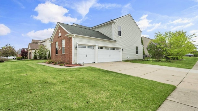 56501 Winding Creek Dr, Macomb, MI 48042 - view of side of home featuring brick siding, driveway, a lawn, and an attached garage