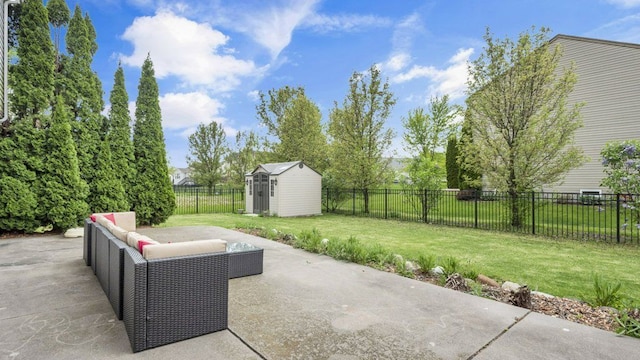 56501 Winding Creek Dr, Macomb, MI 48042 - view of patio with a storage shed, an outdoor structure, and an outdoor hangout area