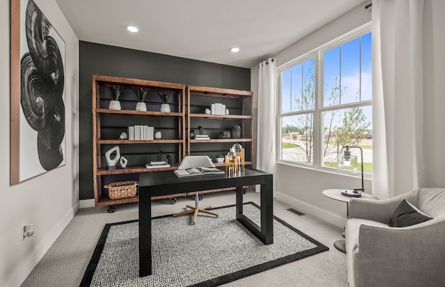 home office featuring carpet floors, baseboards, and recessed lighting