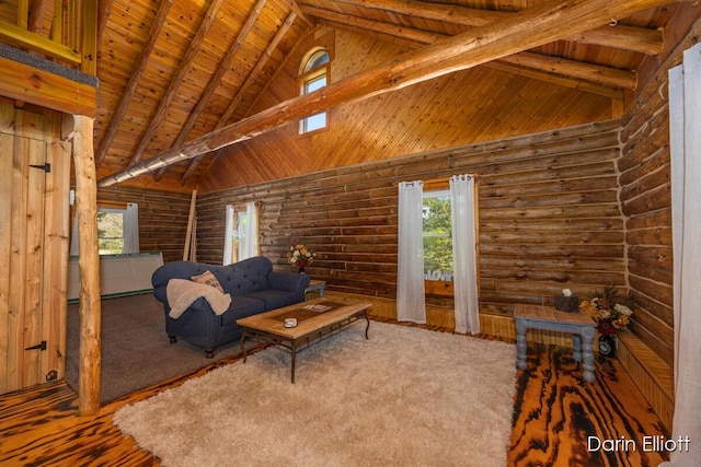 5359 Huck Dr, Sheridan, MI 48884 - living area featuring high vaulted ceiling, wood ceiling, rustic walls, and beam ceiling
