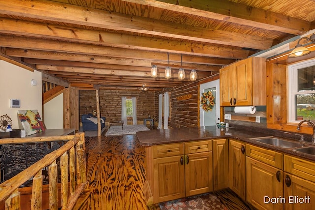 5359 Huck Dr, Sheridan, MI 48884 - kitchen with plenty of natural light, a sink, wood ceiling, a peninsula, and beam ceiling