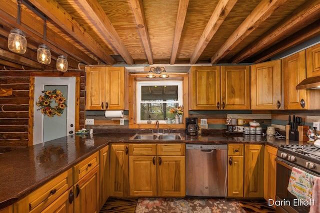 5359 Huck Dr, Sheridan, MI 48884 - kitchen featuring stainless steel dishwasher, a sink, gas range oven, beam ceiling, and wood ceiling