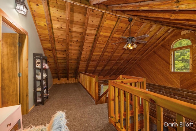 5359 Huck Dr, Sheridan, MI 48884 - additional living space with wooden ceiling, carpet, ceiling fan, and wood walls