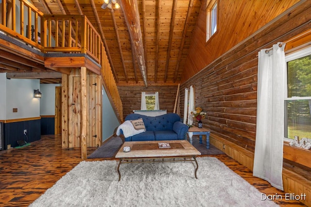 5359 Huck Dr, Sheridan, MI 48884 - living room with wood finished floors, high vaulted ceiling, log walls, wooden ceiling, and wooden walls