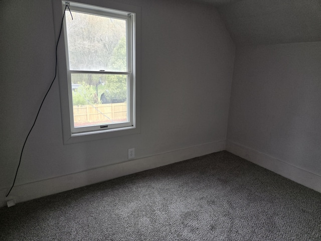 additional living space with plenty of natural light, vaulted ceiling, carpet flooring, and baseboards