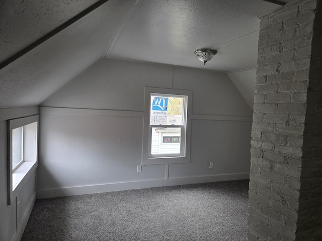 additional living space featuring lofted ceiling, a textured ceiling, carpet floors, and baseboards