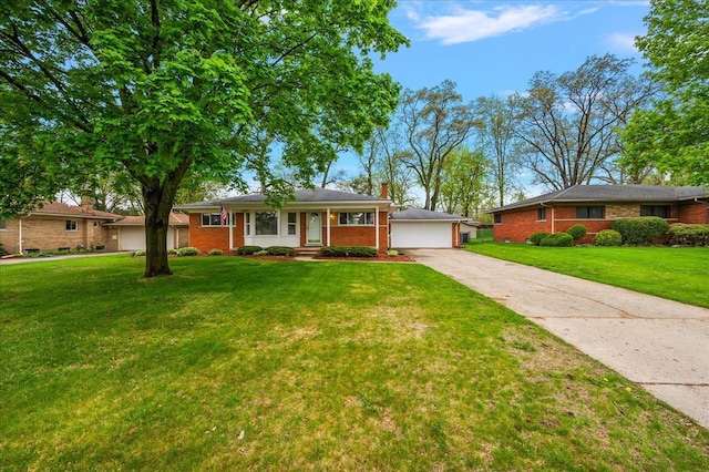 ranch-style house featuring covered porch, brick siding, a front lawn, a chimney, and an outdoor structure