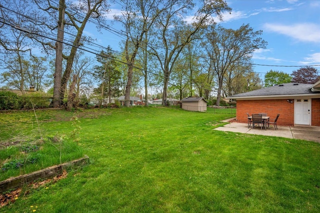 view of yard featuring a patio area and a shed