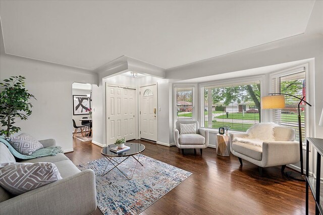 living room with plenty of natural light, wood finished floors, and baseboards