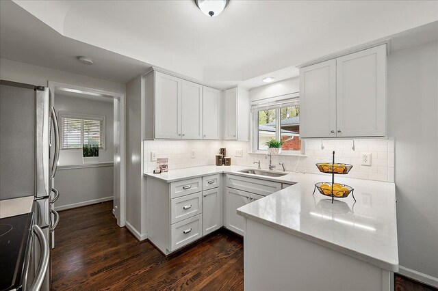 kitchen featuring a sink, electric stove, dark wood-style floors, and healthy amount of natural light