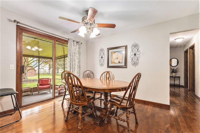 dining area with wood-type flooring, a ceiling fan, and baseboards