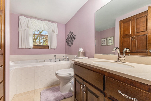 full bathroom featuring a bath, tile patterned flooring, toilet, and vanity