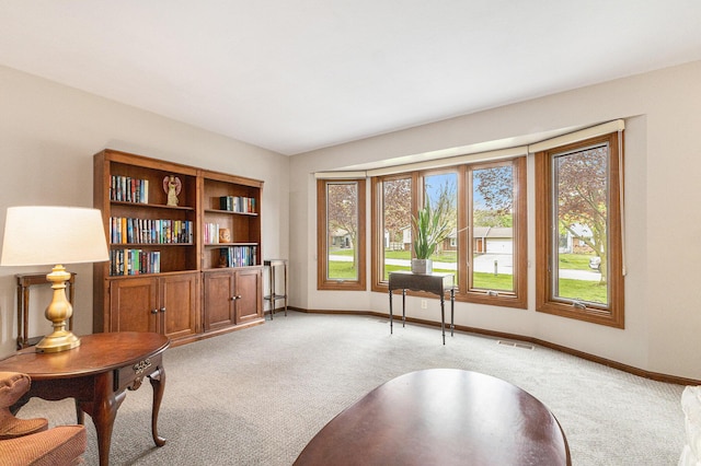 sitting room with light colored carpet, plenty of natural light, and baseboards