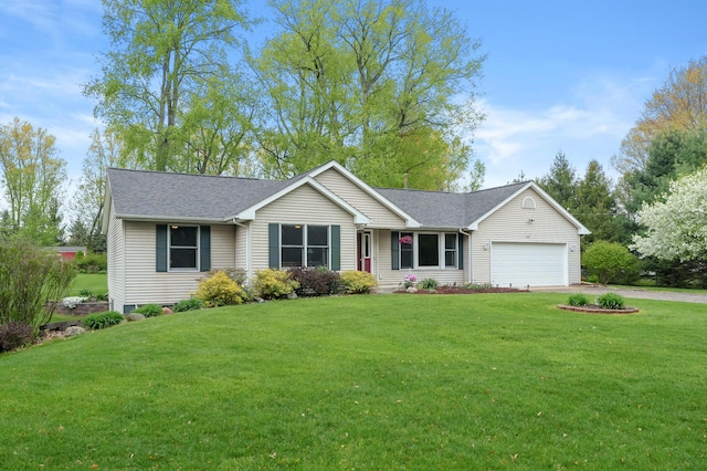 ranch-style house with a garage, a front yard, driveway, and roof with shingles