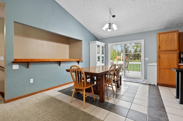 dining area with a textured wall, a chandelier, a textured ceiling, vaulted ceiling, and baseboards