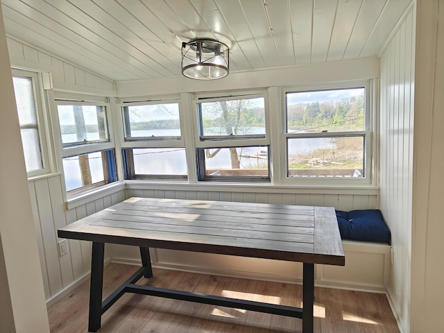sunroom / solarium featuring healthy amount of natural light, lofted ceiling, and a water view