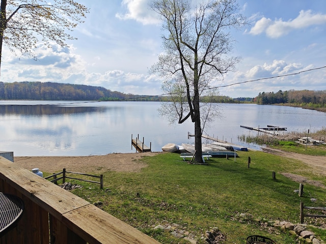 water view featuring a boat dock and a heavily wooded area