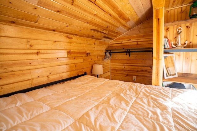 6294 Rock Rd, Lake, MI 48632 - bedroom with lofted ceiling, wood ceiling, and wood walls