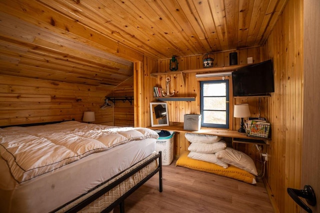 6294 Rock Rd, Lake, MI 48632 - bedroom featuring wood walls, wooden ceiling, and wood finished floors