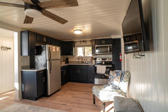6294 Rock Rd, Lake, MI 48632 - kitchen featuring appliances with stainless steel finishes, a sink, wooden ceiling, a ceiling fan, and light wood-type flooring