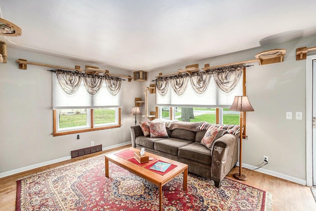 living area featuring wood finished floors and baseboards