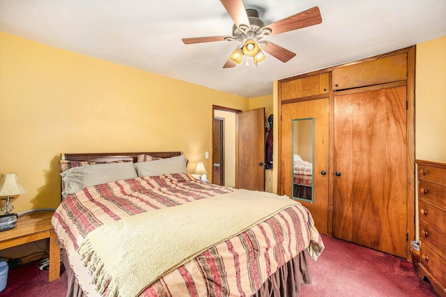 bedroom with dark carpet, a closet, and a ceiling fan