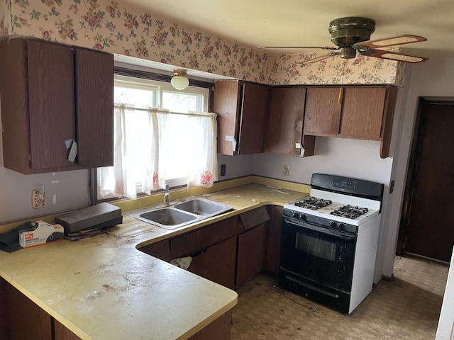 9550 Colgate Ave, Clarkston, MI 48348 - kitchen with range with gas stovetop, a sink, a peninsula, light countertops, and ceiling fan
