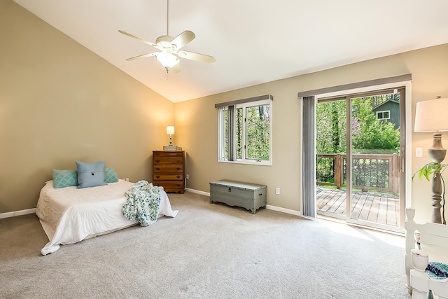 bedroom featuring access to exterior, carpet, baseboards, lofted ceiling, and a ceiling fan