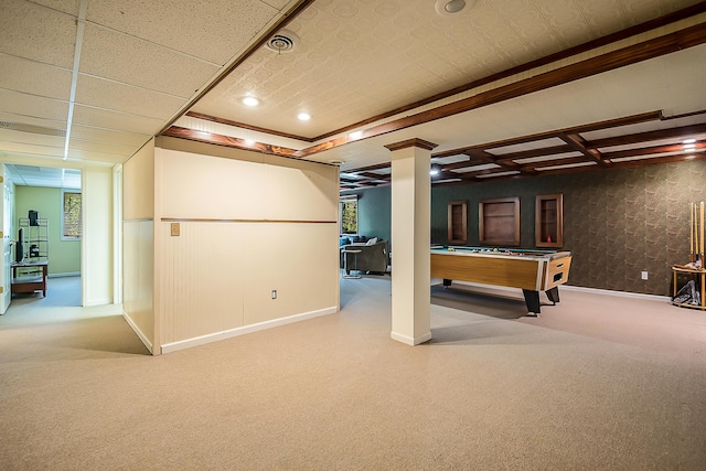 rec room with pool table, carpet, and baseboards
