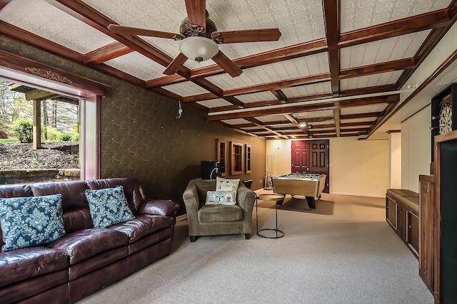 living room featuring billiards table, baseboards, a ceiling fan, beamed ceiling, and carpet floors