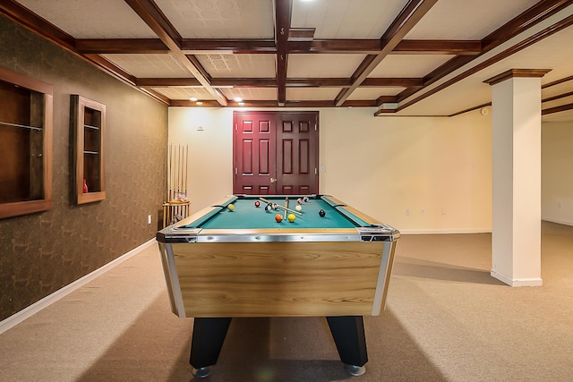 rec room with carpet flooring, coffered ceiling, beam ceiling, baseboards, and billiards table