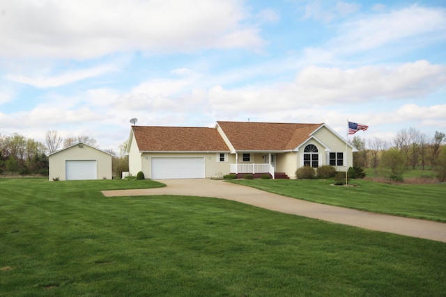 ranch-style home featuring a front lawn, driveway, roof with shingles, and covered porch