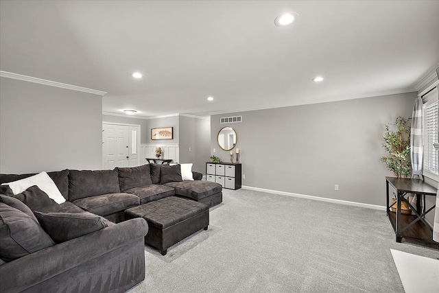 1160 S Baldwin Rd, Lake Orion, MI 48360 - living room with crown molding, light carpet, recessed lighting, and baseboards