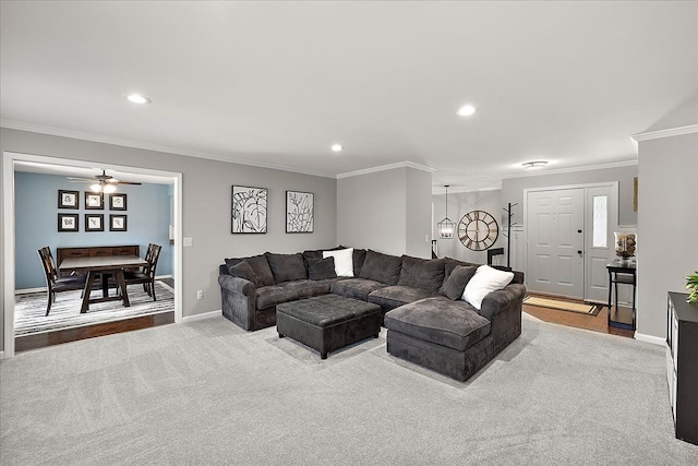 1160 S Baldwin Rd, Lake Orion, MI 48360 - carpeted living room featuring ornamental molding, recessed lighting, a ceiling fan, and baseboards