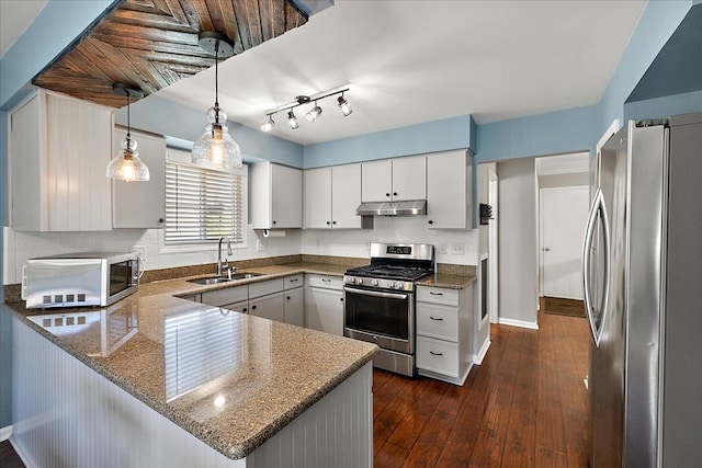 1160 S Baldwin Rd, Lake Orion, MI 48360 - kitchen with stainless steel appliances, a sink, under cabinet range hood, a peninsula, and hanging light fixtures
