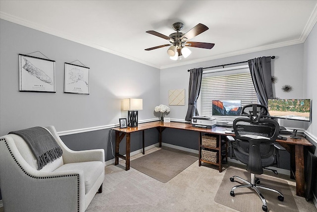 1160 S Baldwin Rd, Lake Orion, MI 48360 - office featuring light colored carpet, ornamental molding, ceiling fan, and baseboards