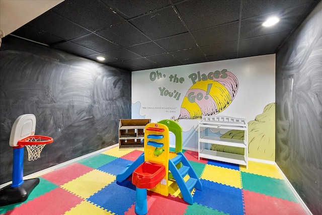 1160 S Baldwin Rd, Lake Orion, MI 48360 - playroom with baseboards, tile patterned floors, a paneled ceiling, and recessed lighting