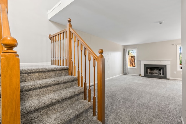 42036 Saratoga Cir, Canton, MI 48187 - staircase featuring carpet flooring, baseboards, and a fireplace