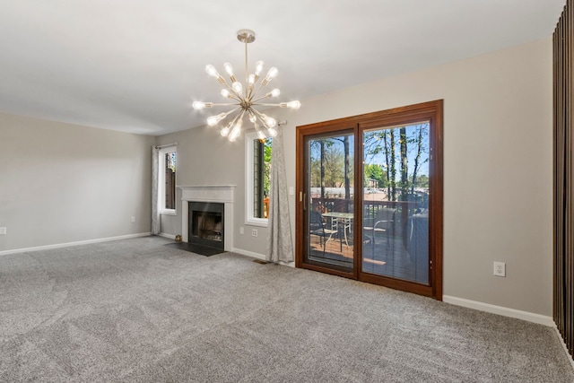 42036 Saratoga Cir, Canton, MI 48187 - unfurnished living room with a chandelier, carpet floors, a fireplace with flush hearth, and baseboards