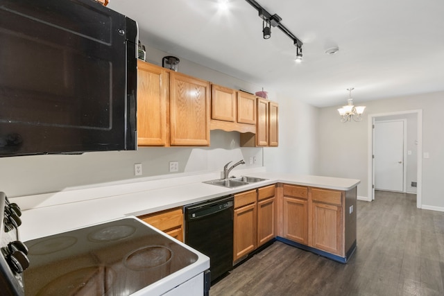 42036 Saratoga Cir, Canton, MI 48187 - kitchen featuring a sink, black appliances, a peninsula, and dark wood-style flooring