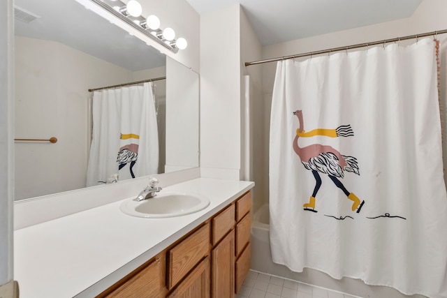 42036 Saratoga Cir, Canton, MI 48187 - bathroom featuring shower / bath combo, vanity, and tile patterned flooring
