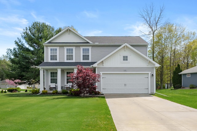 72597 Faye Ct, South Haven, MI 49090 - view of front facade featuring a front lawn, board and batten siding, concrete driveway, a garage, and covered porch