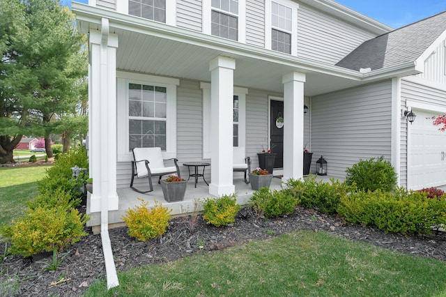 72597 Faye Ct, South Haven, MI 49090 - property entrance featuring covered porch, a garage, a shingled roof, and a yard