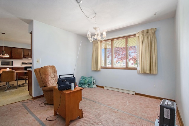 home office with baseboard heating, light carpet, a chandelier, heating unit, and baseboards